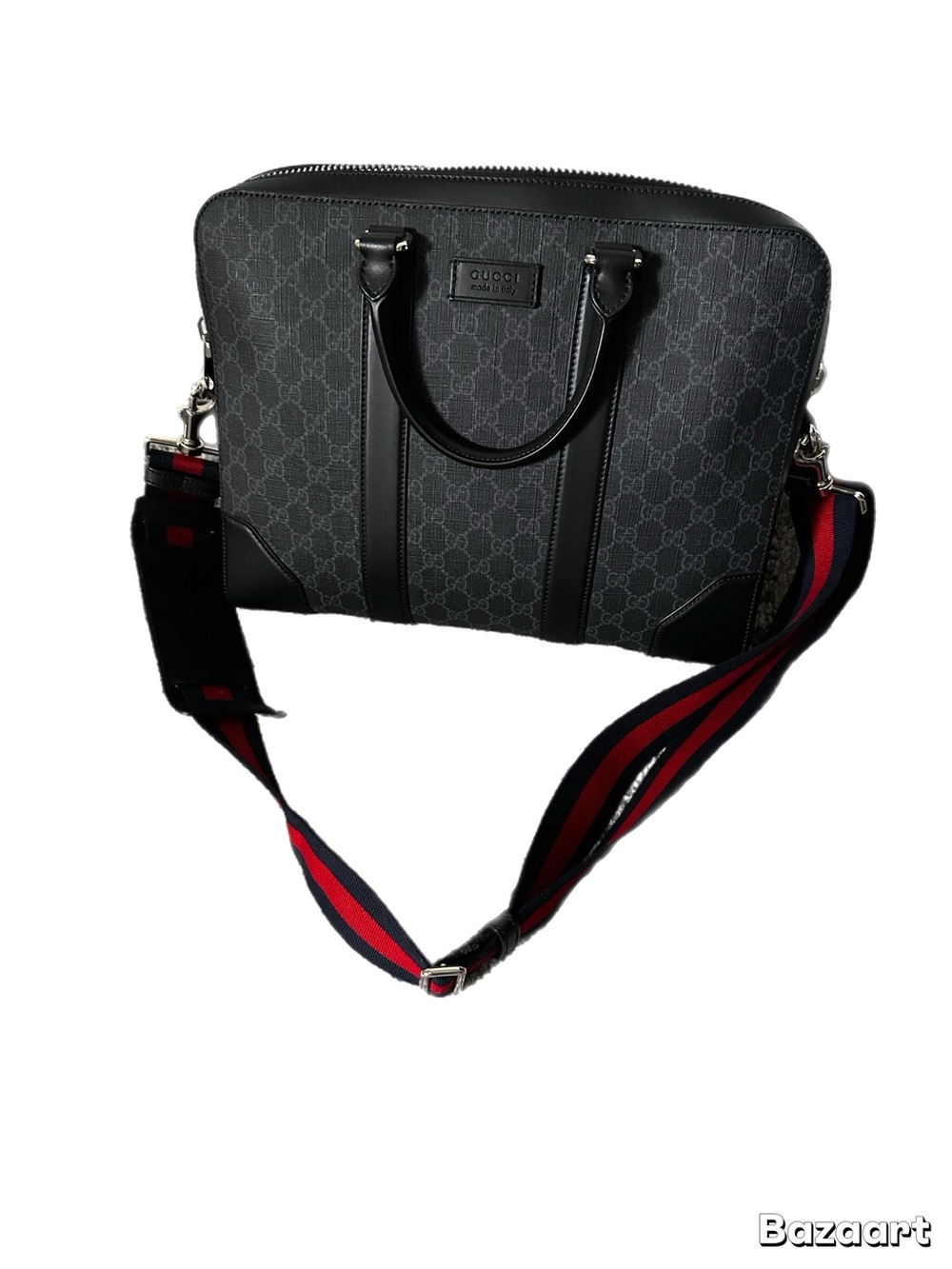 Gucci Black GG Supreme Laptop Briefcase with Red-Blue Web Strap